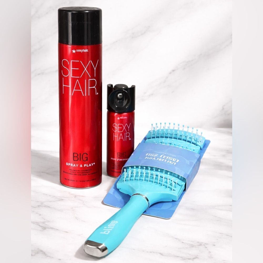 Sexy Hair Big Spray & Play + Root Pump + Bliss Blowout Brush Bundle. New!